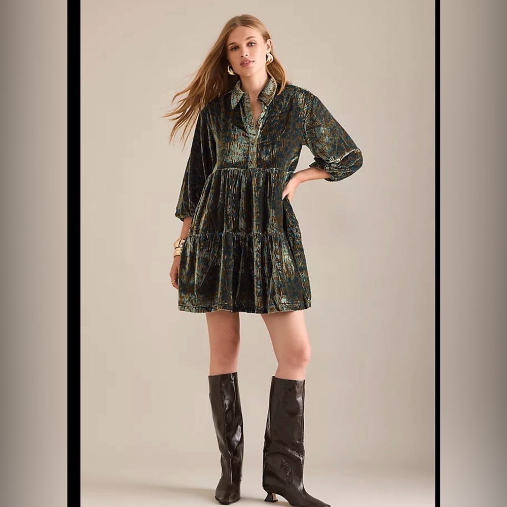 Maeve, Anthropologie Bettina Tiered Velvet Mini Shirt Dress, XXS, EUC-worn once